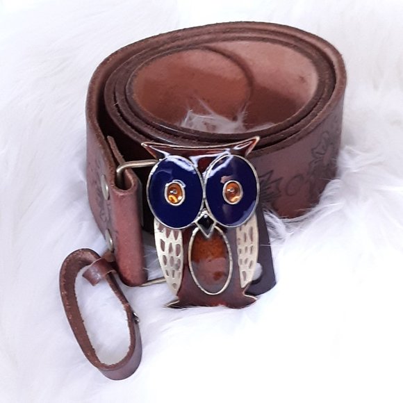 Hollister Accessories - Hollister Enameled Owl Buckle Leather Tooled Belt